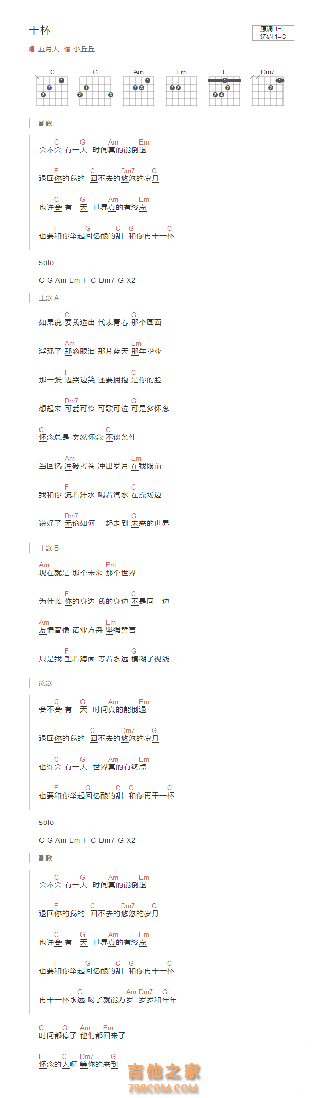 干杯吉他谱和弦版五月天 吉他谱 吉他之家