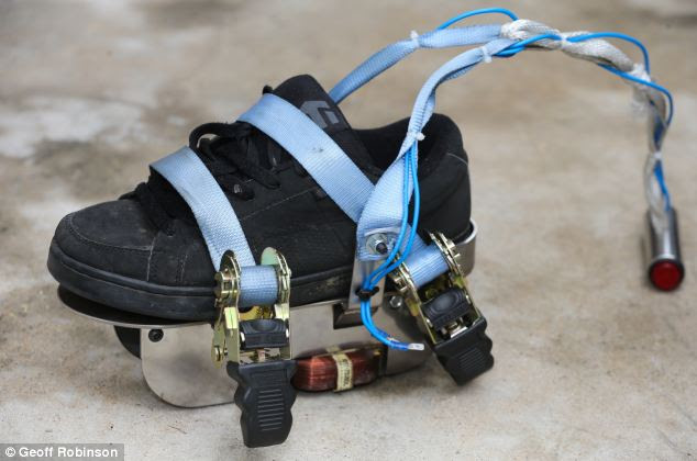 'I think the shoes could be useful for beating the queues at a railway station by walking over the top of everyone's heads or running along the side of buildings in busy shopping streets,' said Mr Furze