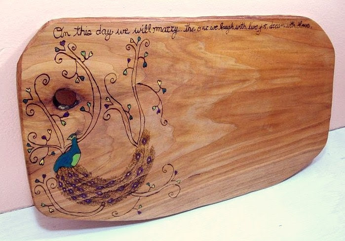 Large Wood Burned Peacock  Wedding Signature Mat