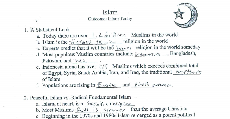 Porter Ridge High School in-class worksheet about Islam