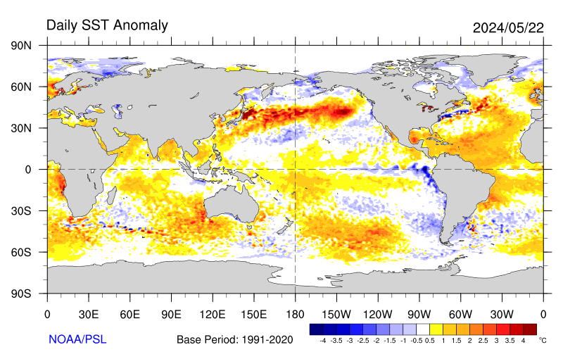 Anomalía temperatura superficial de los océanos.