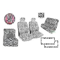 12-Piece Animal Print Automotive Interior Gift Set - 2 Universal-Fit Zebra Black and White Low Back Front Bucket Seat with Separate Headrest, 2 Zebra Black and White Plastic License Plate Frame, 1 Zebra Black and White Steering Wheel Cover, 2 Zebra Black and White Shoulder Belt Pads, 4 Universal-Fit Zebra Black and White Carpet Floor Mats for Cars / Truck and 1 Universal-Fit Zebra Black and White Bench Seat Cover