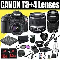 Canon EOS Rebel T3 12.2 MP CMOS Digital SLR Camera + EF-S 18-55mm f/3.5-5.6 IS Lens + EF 75-300mm f/4-5.6 III Telephoto Zoom Lens + Two LP-E10 Battery + External Rapid Charger + 16GB SDHC Memory Card + Wide Angle Lens + Telephoto Lens + 3 Piece Filter Kit + Mini HDMI Cable + Carrying Case + Full Size Tripod + External Flash Deluxe Accessory Kit