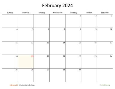 Our february 2024 calendar are free to use and are available as pdf calendar and gif image calendar. february 2024 calendar with bigger boxes wikidatesorg