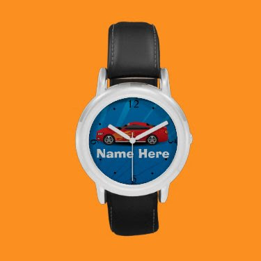Bright Blue with Red Sports Car Flames Kids Boys Watch