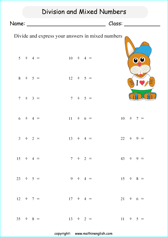 Divide whole numbers and express your answers in mixed numbers. Grade 4 math fraction worksheet ...