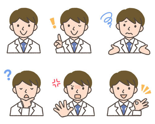 無料素材 白衣を着た薬剤師の男性の可愛いイラスト 笑顔やokサインに怒っている表情など