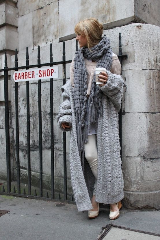 love the chunkiness of the scarf and sweater coat plus it's gray, my fave