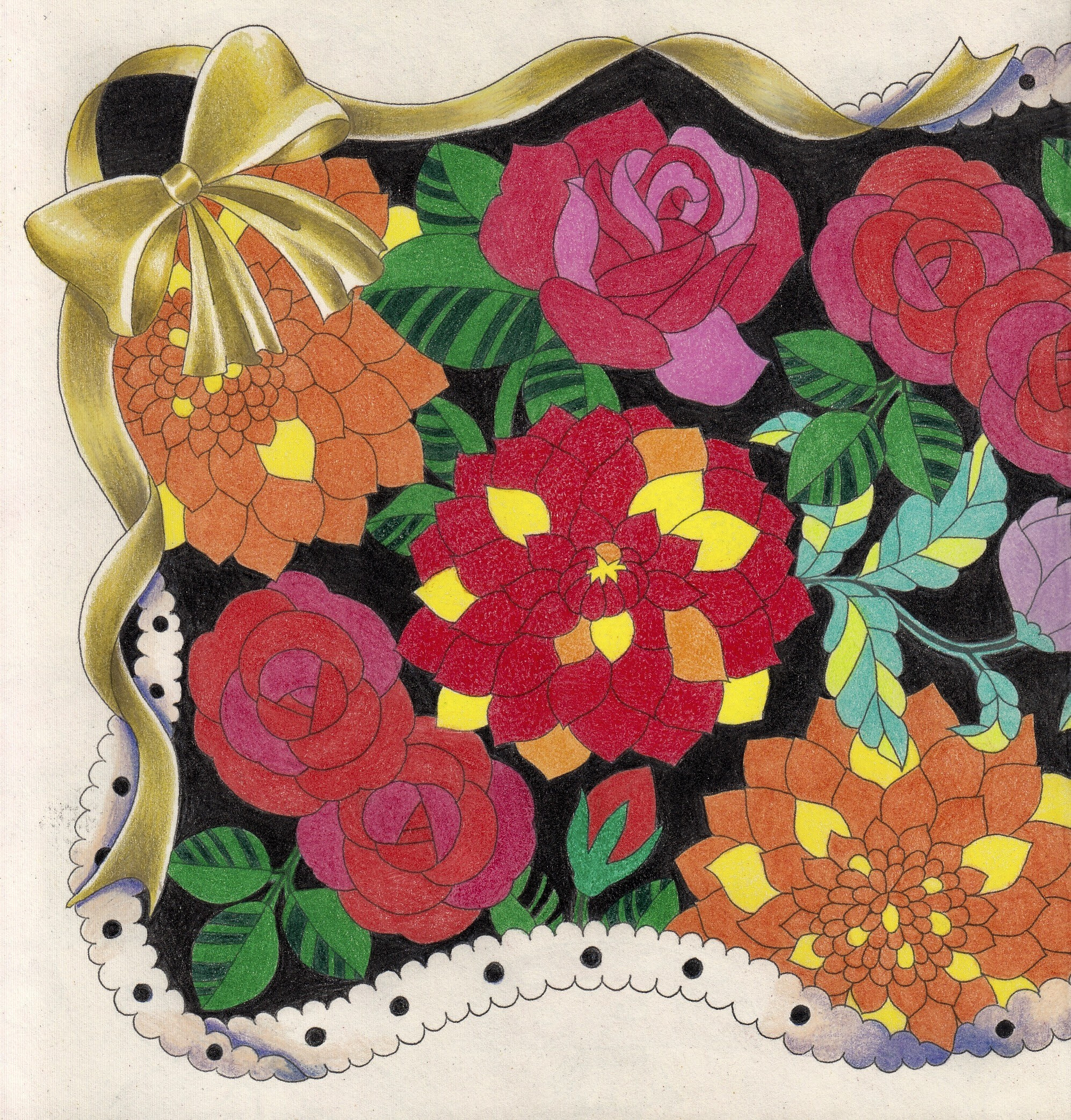 ダイソー癒しの塗り絵 花の国より 絵のように絵を塗る 休日は色鉛筆