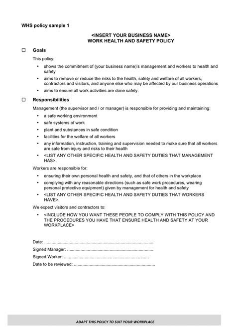work health  safety policy samples  word   formats