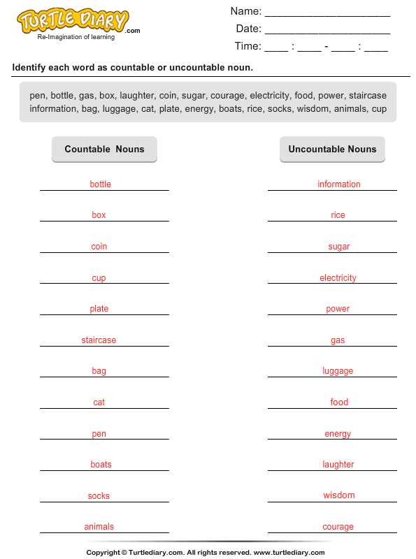 sorting countable and uncountable nouns worksheet turtle diary