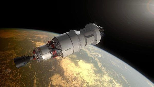 An artist's concept of the Orion Multi-Purpose Crew Vehicle soaring in Earth orbit atop a Delta IV upper stage motor.