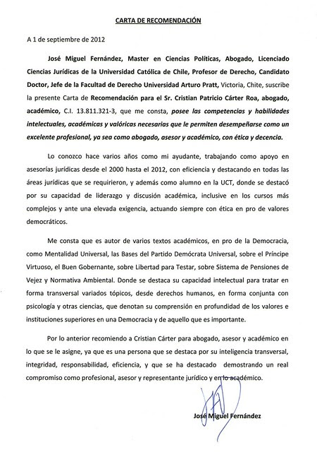 Carta recomendacion Dr., Master, Abogado, Periodista, JM F 