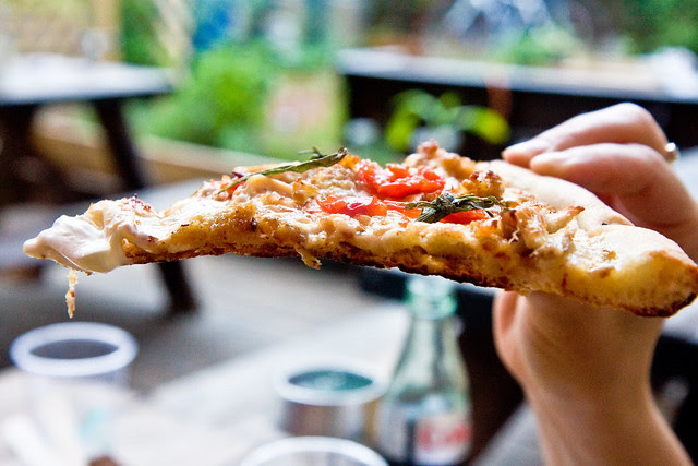 Pretzel parm pizza with garlic chip bechamel, smoked gouda, and fried chicken, Pete Zaaz