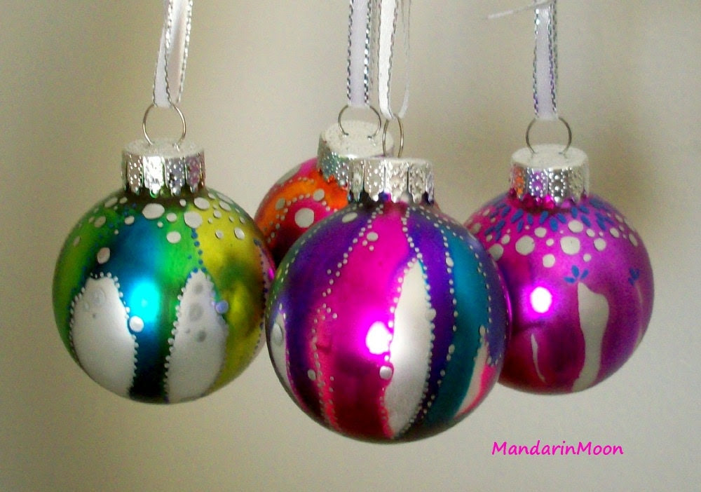 Hand Painted Glass Holiday Ornaments Set of 4