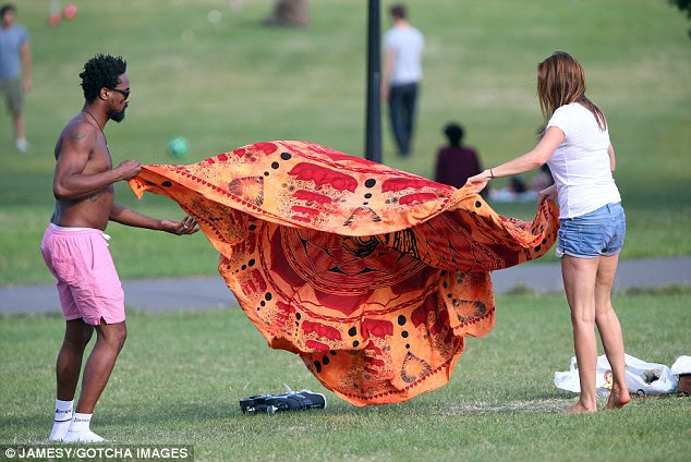 Dream team: The couple spread out a blanket together before making themselves comfortable