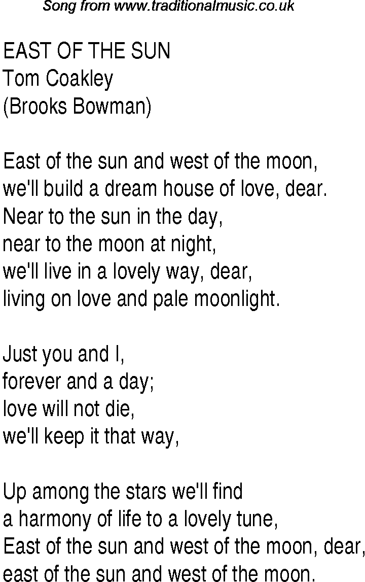 Top Songs 1935 Music Charts Lyrics For East Of The Sun