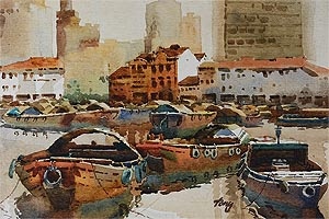 Singapore River Old Boat Quay, Watercolor Painting 