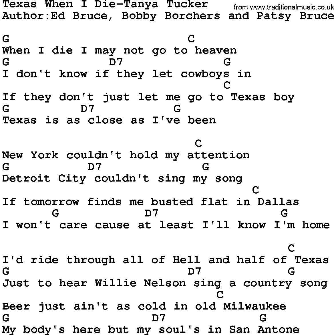 Country Music Texas When I Die Tanya Tucker Lyrics And Chords