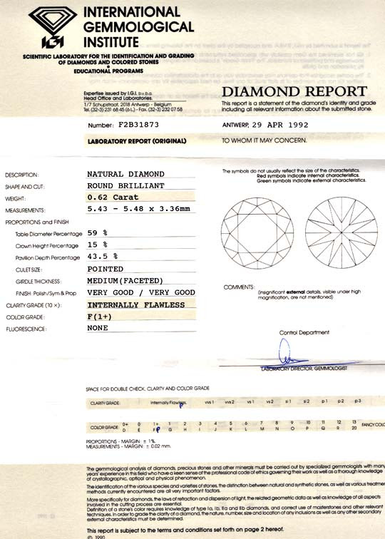 Foto 9, Diamant IGI 0,62ct Lupenrein Topwesselton-F VGVG Juwel!, D5649