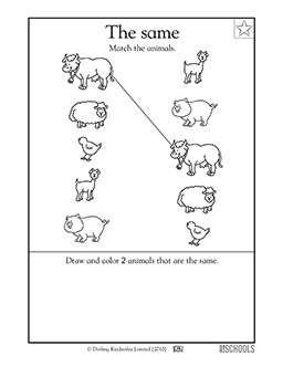 Kindergarten, Preschool Math Worksheets: Match the animals | GreatSchools