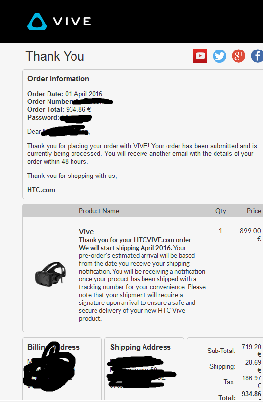 PSA: New orders are not shipping in April. I just ordered another Vive ...