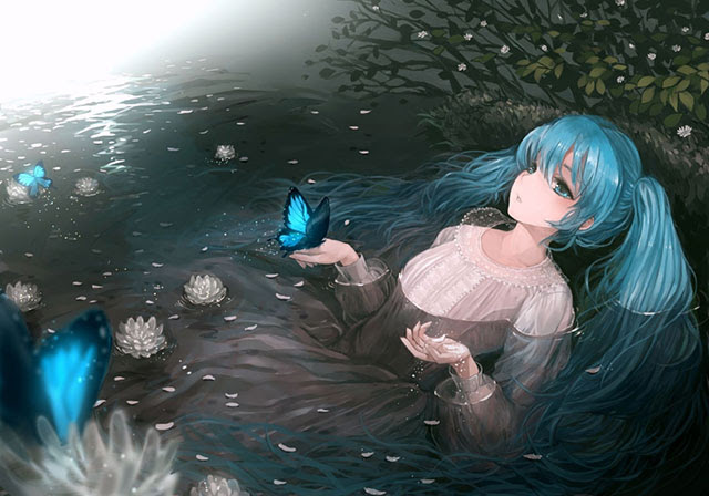 初音ミク ミクと蝶々の綺麗なイラスト画像 ボカロ壁紙