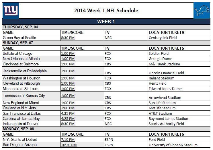 NFL Schedule Week 1 Printerfriend.ly