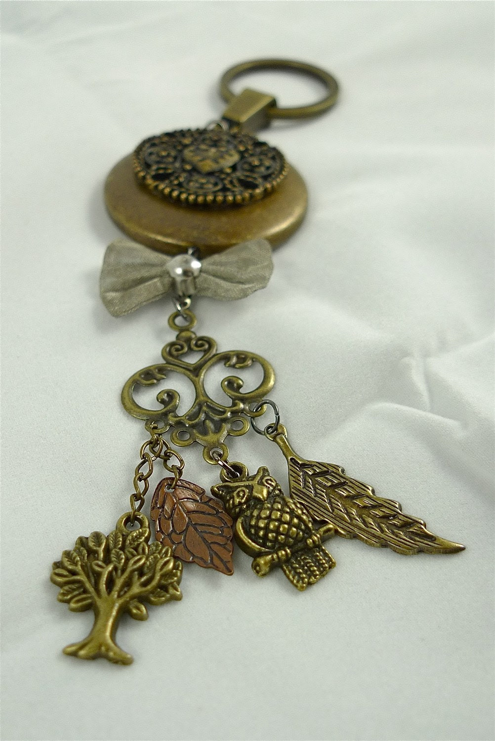 Nature Lover - Unique Handmade Bronze Owl Key Chain and Bag Charm (feat. Tree, Leaf, Owl & Feather Charms)