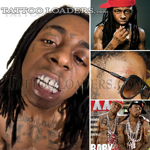 Picture of Lil Wayne with tattoos all over his body including tear drops on 
