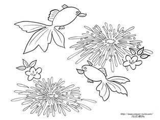 金魚と花火の浴衣の柄の塗り絵 たのしいぬりえ