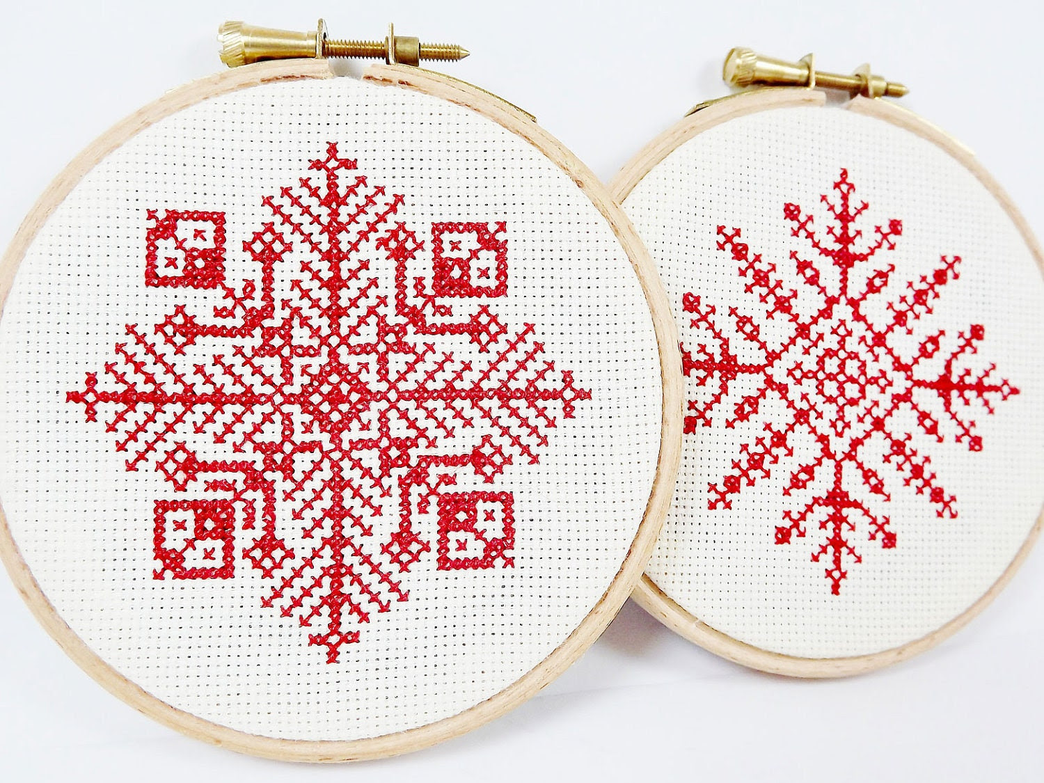 2 pc Set - Red Snowflake - Christmas - Complete Cross Stitch - Embroidery Hoop Wall Art - Red & Cream