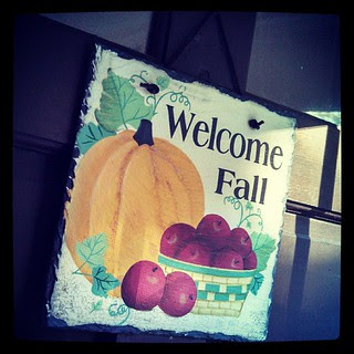 Day 5 #yarnpadc Door just hung up the Welcome #fall sign on this crisp morning in #newengland #apples #pumpkin
