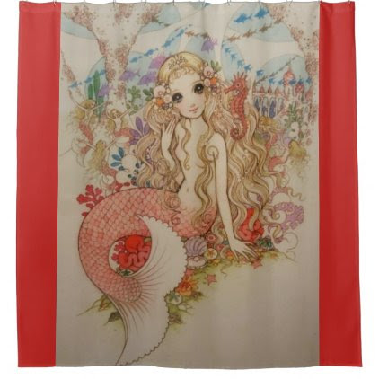 vintage print mermaid shower curtain