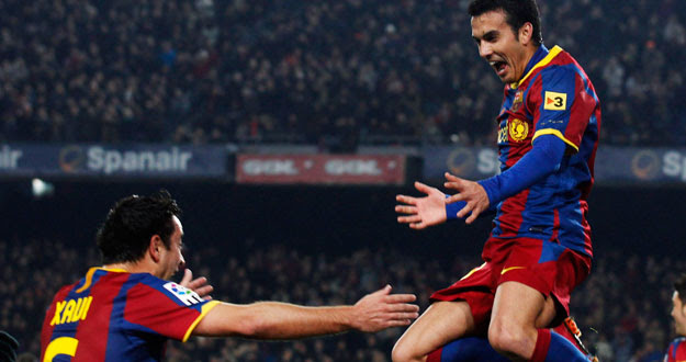Barcelona's Rodriguez and Hernandez celebrate a goal against Almeria during their Spanish King's Cup semi-final soccer match in Barcelona