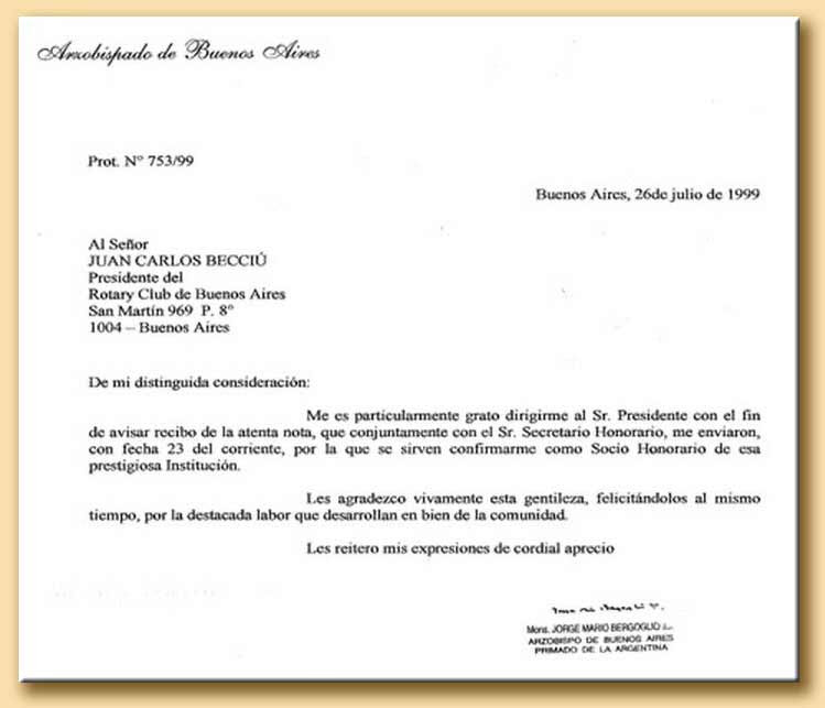 Letter of Cardinal Bergoglio at the rotary club