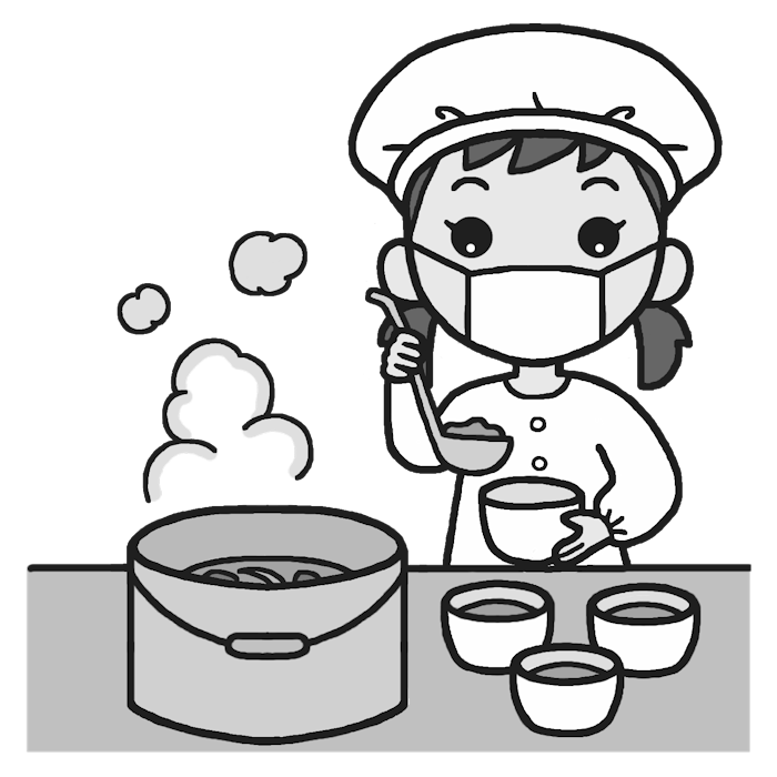 給食当番3 モノクロ 給食の無料イラスト 生活 学校素材