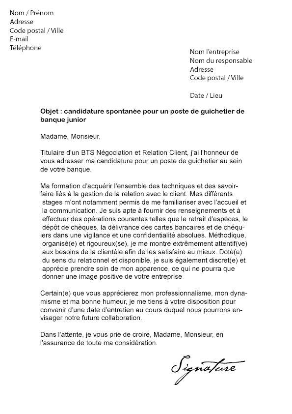 Lettre de motivation Guichetier Banque (débutant) - Modèle ...