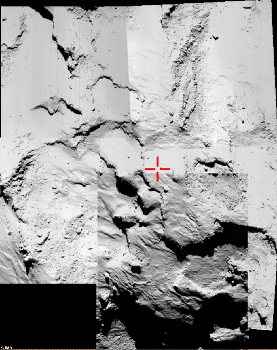 Five-image montage of Osiris images taken around the time of landing when Rosetta was  11 miles (18 km) from the centre of the comet