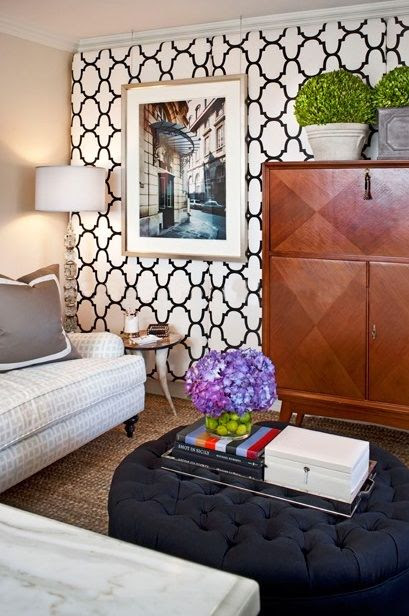 trellis wall and navy ottoman