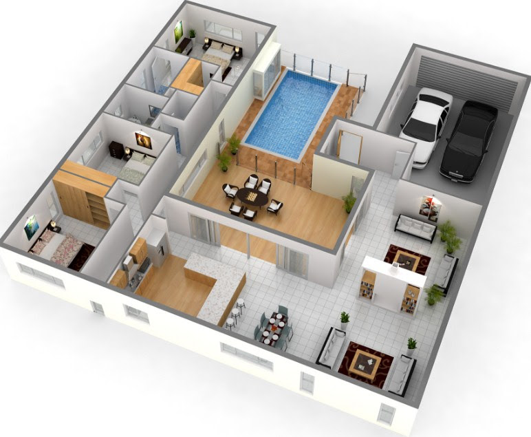 13 Denah 3D Apartemen Minimalis 2 Lantai 3 Kamar RUMAH 13 Denah 3D Apartemen Minimalis 2 Lantai 3 Kamar RUMAH