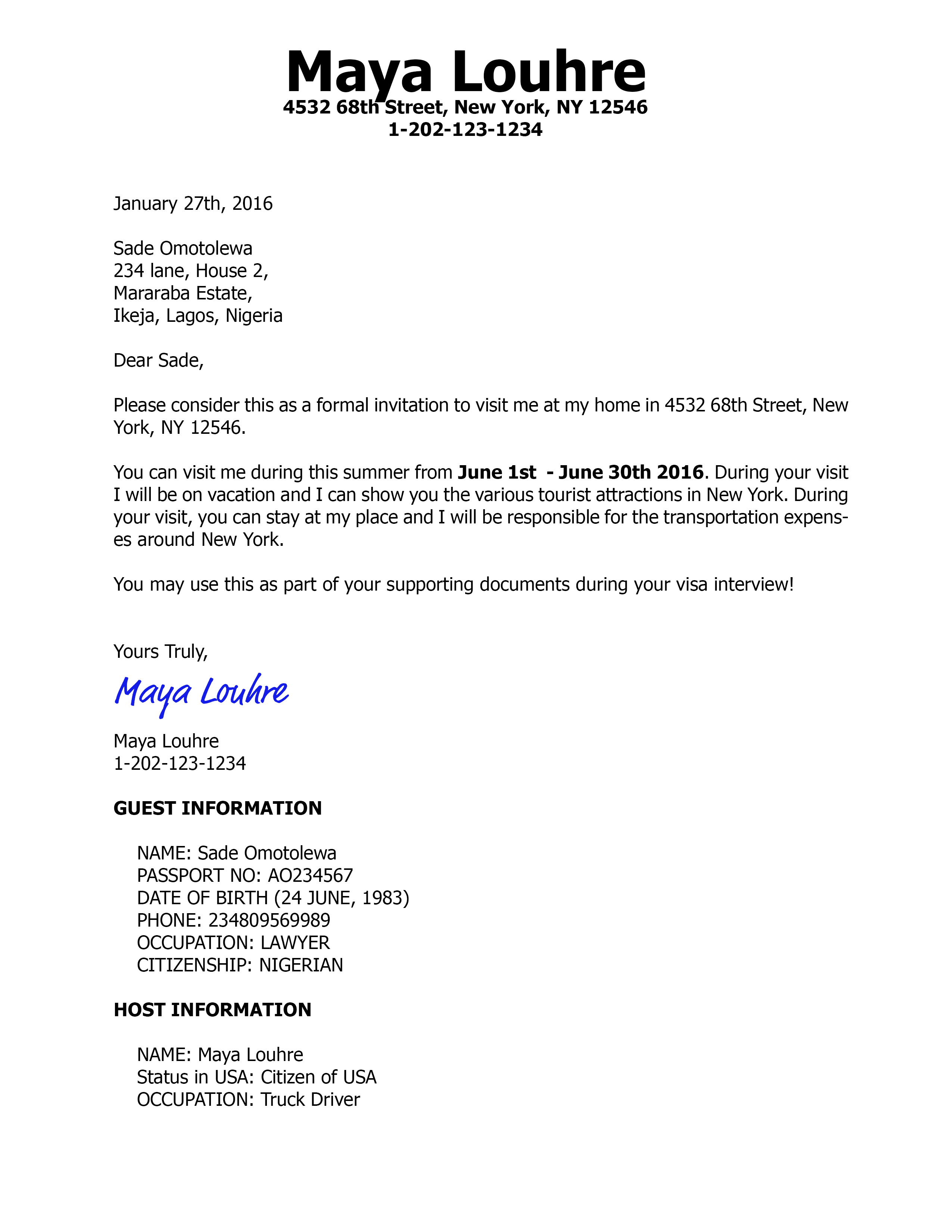 Invitation Letter For Us Visa Template - Resume Builder