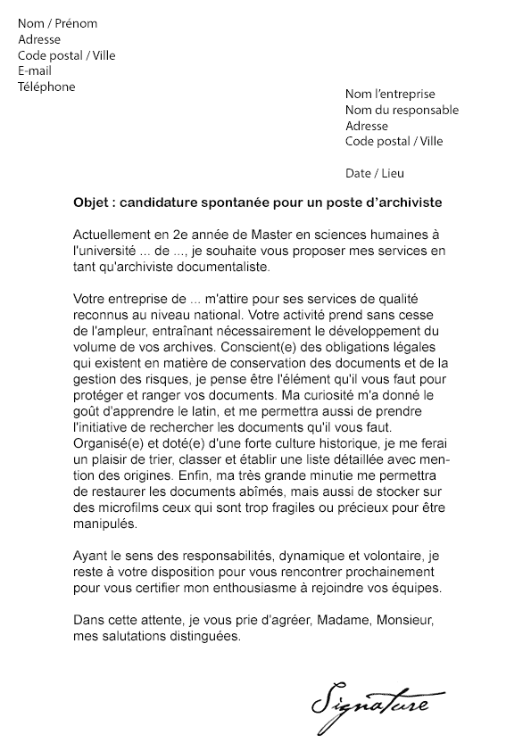 Lettre de motivation Archiviste - Modèle de Lettre