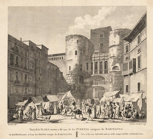View of the New Square and one of the Antique Gates of Barcelona