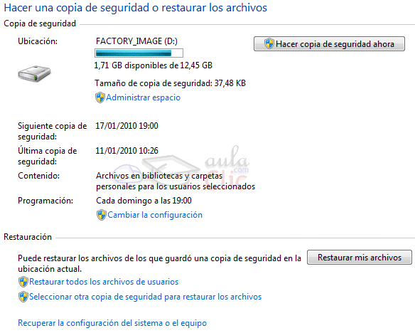 Ventana Copias de seguridad y restauración - Con copias configuradas