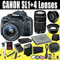 Canon EOS Rebel SL1 18.0 MP CMOS Digital SLR with 18-55mm EF-S IS STM Lens + EF 75-300mm f/4-5.6 III Telephoto Zoom Lens + LP-E12 Replacement Lithium Ion Battery + External Rapid Charger + 16GB SDHC Class 10 Memory Card + 58mm Wide Angle Lens + 58mm 2x Telephoto Lens + 58mm 3 Piece Filter Kit + Mini HDMI Cable + Carrying Case + Full Size Tripod + External Flash + Multi Card USB Reader + Memory Card Wallet + Deluxe Starter Kit DavisMAX Bundle