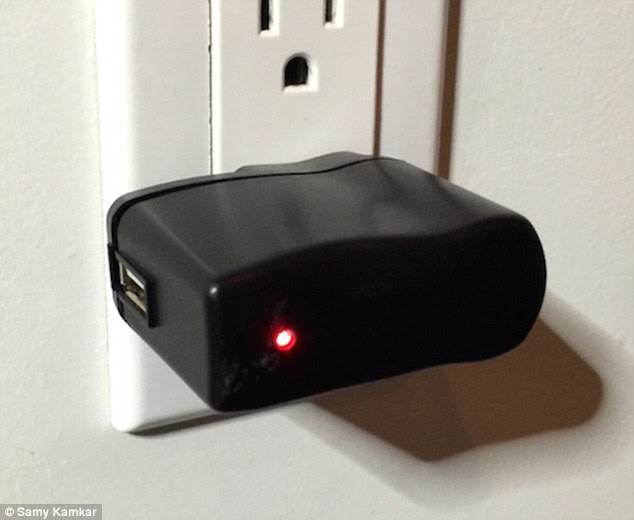 The device, known as KeySweeper, looks and works like a typical USB wall charger (pictured), but uses a built-in chip to  'sniff' for keystrokes typed onto nearby wireless keyboards. All of these strokes are then decrypted, logged and sent to a hacker over the web 