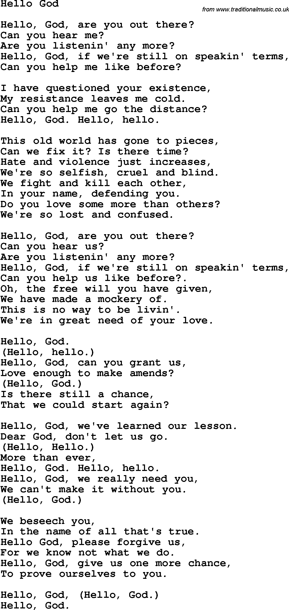 Country Southern And Bluegrass Gospel Song Hello God Lyrics