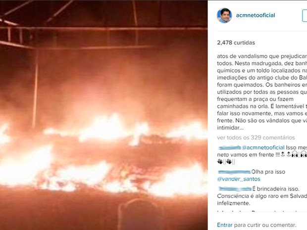 Prefeito ACM Neto lamentou atos de vandalismo na madrugada deste sábado (Foto: Reprodução/Instagram)