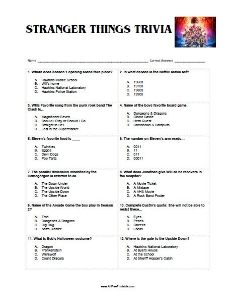 Stranger Things Trivia Free Printable